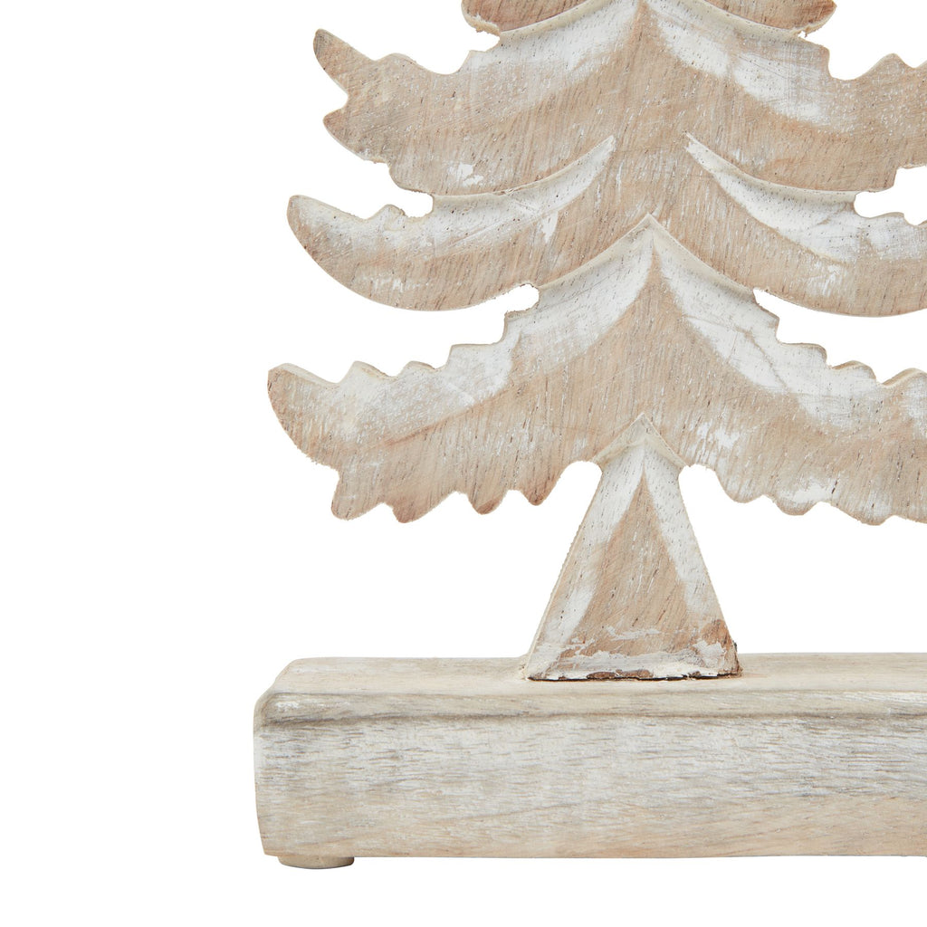 Close-up of the lower curved branches, tapered trunk and rectangular base, showing visible grain beneath the pale wash.