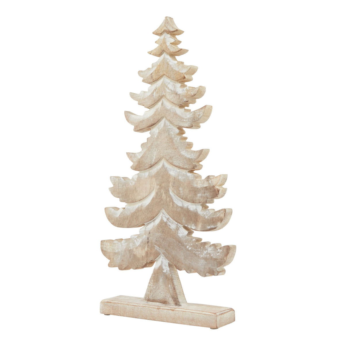 Pale tan and white standing tree decoration with curved tiers of branches on a narrow rectangular base.