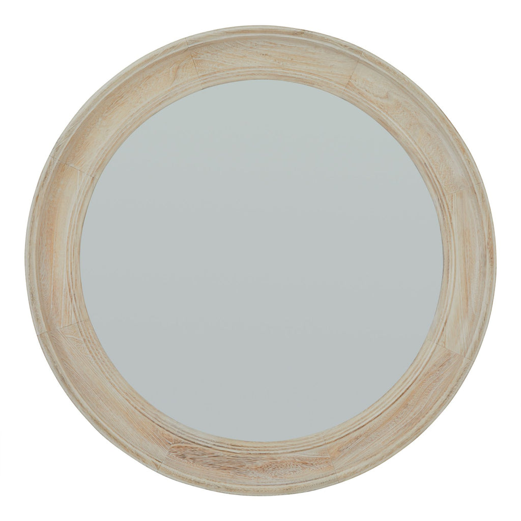 Front view of a round wall mirror with a broad pale cream and tan frame and shallow circular moulding.