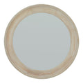 Front view of a round wall mirror with a broad pale cream and tan frame and shallow circular moulding.