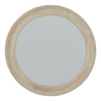 Front view of a round wall mirror with a broad pale cream and tan frame and shallow circular moulding.