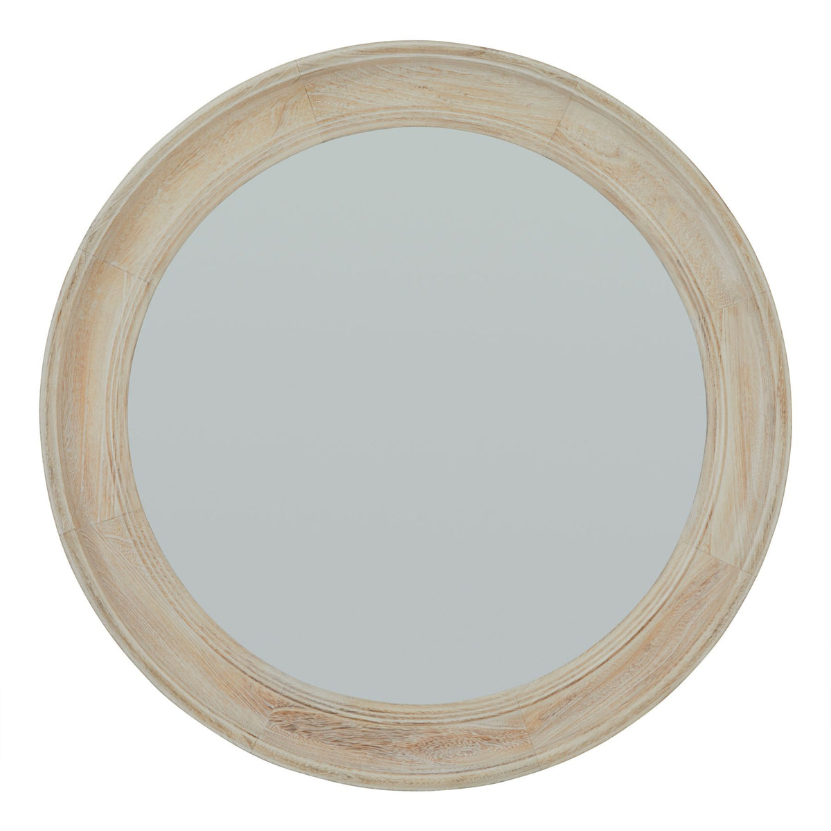Front view of a round wall mirror with a broad pale cream and tan frame and shallow circular moulding.