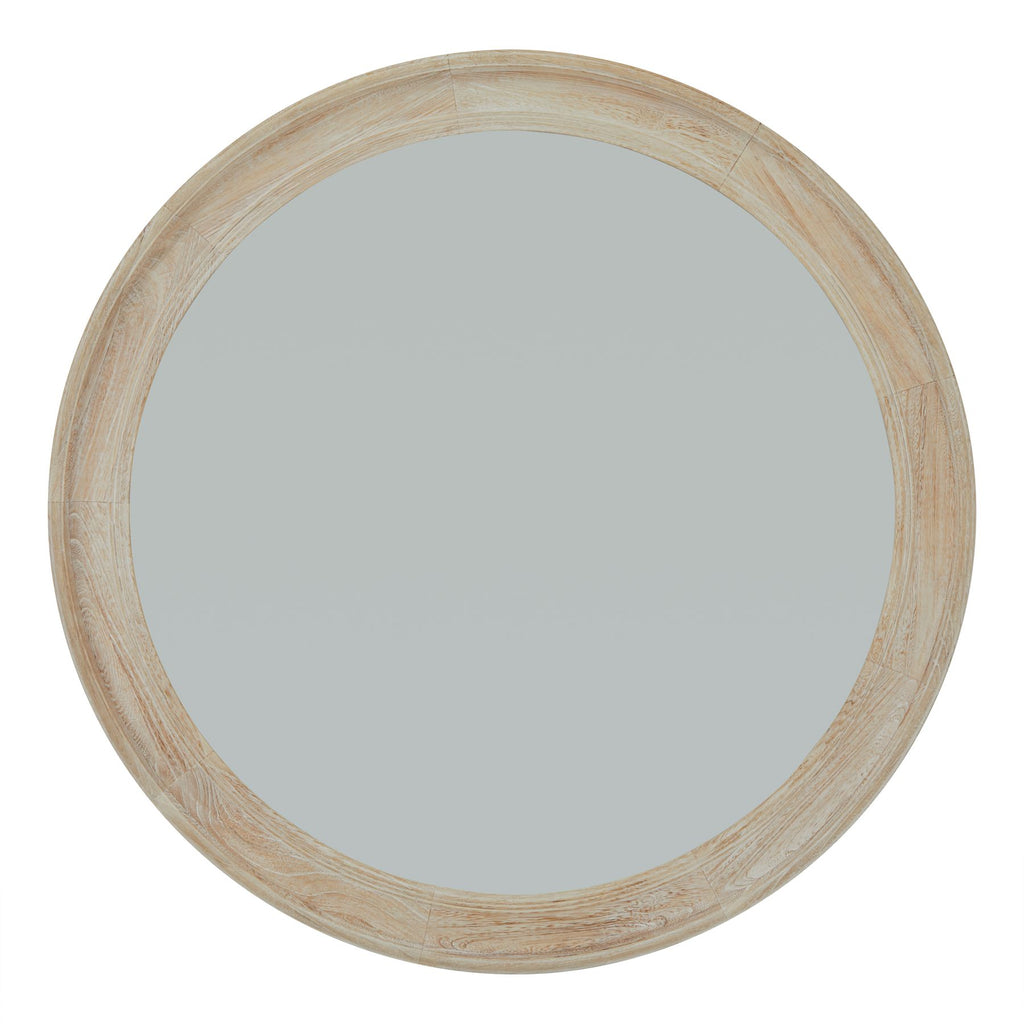 Front view of a round mirror with a pale cream and tan ring frame and plain grey reflective centre on white.