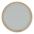 Front view of a round mirror with a pale cream and tan ring frame and plain grey reflective centre on white.