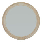 Front view of a round mirror with a pale cream and tan ring frame and plain grey reflective centre on white.