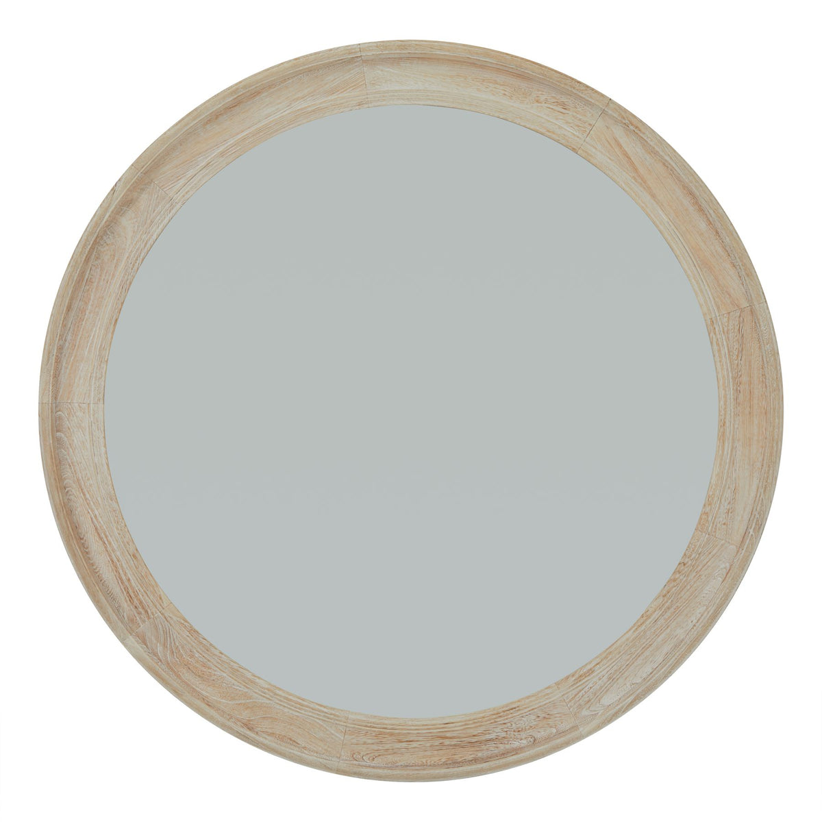 Front view of a round mirror with a pale cream and tan ring frame and plain grey reflective centre on white.