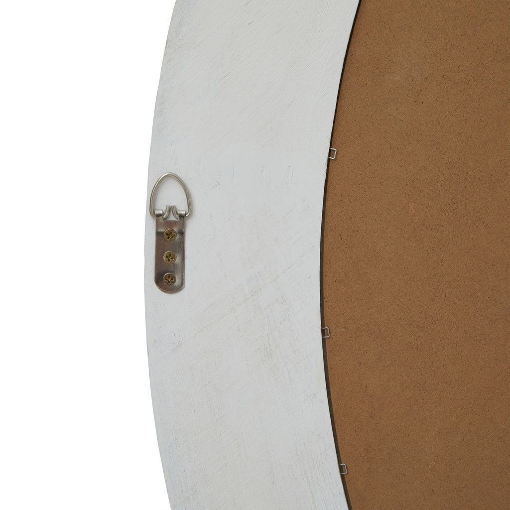Rear detail of the mirror showing the pale frame, brown backing, small retaining tabs and a metal loop hanger attached with three screws.
