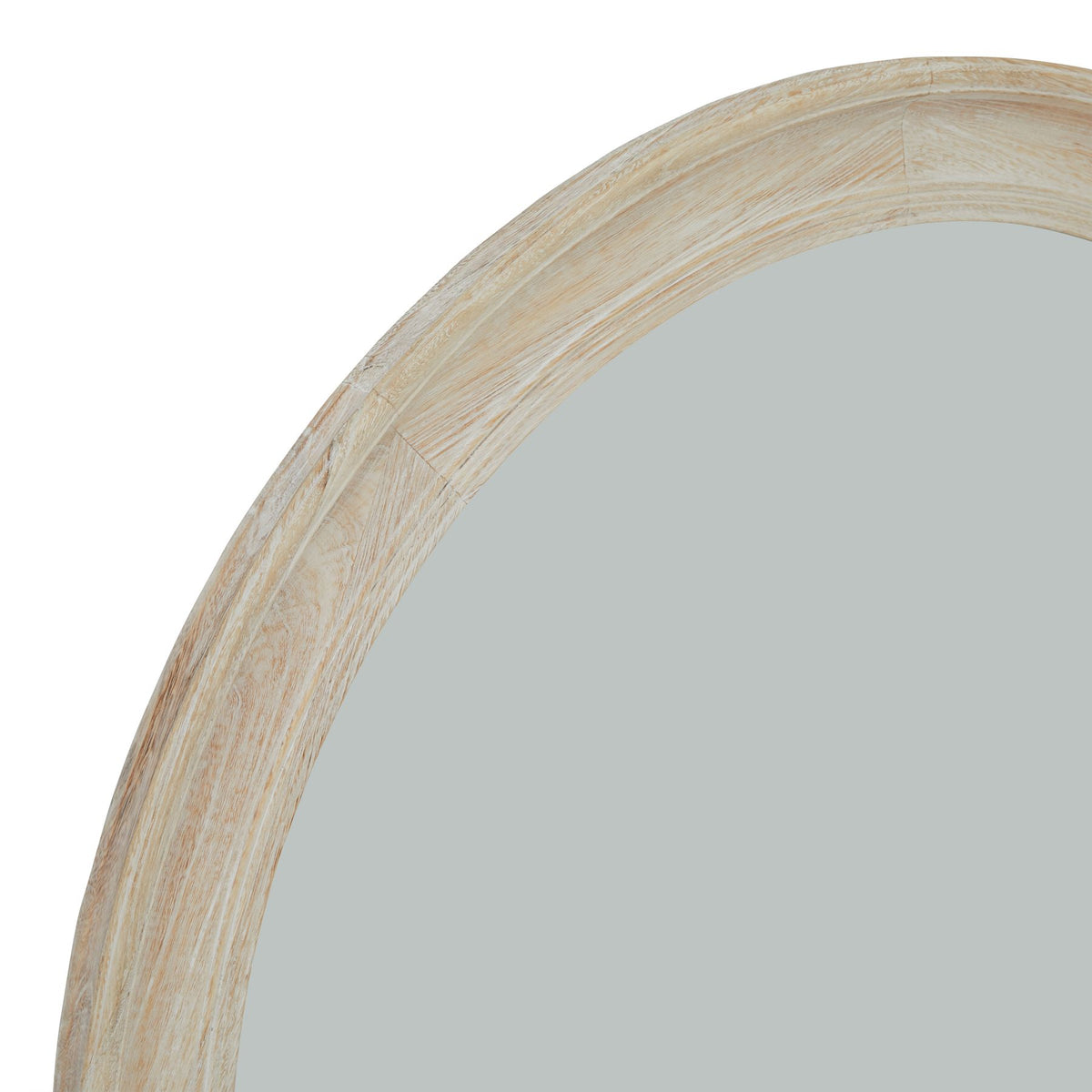 Close-up of the mirror's curved frame showing cream grain-like markings, tan tones, segment joints and shallow moulded edges.