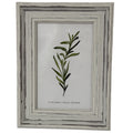 Front view of a pale grey-white portrait frame with stepped moulding, dark rubbed lines and a leafy insert marked 4 × 6 inches.