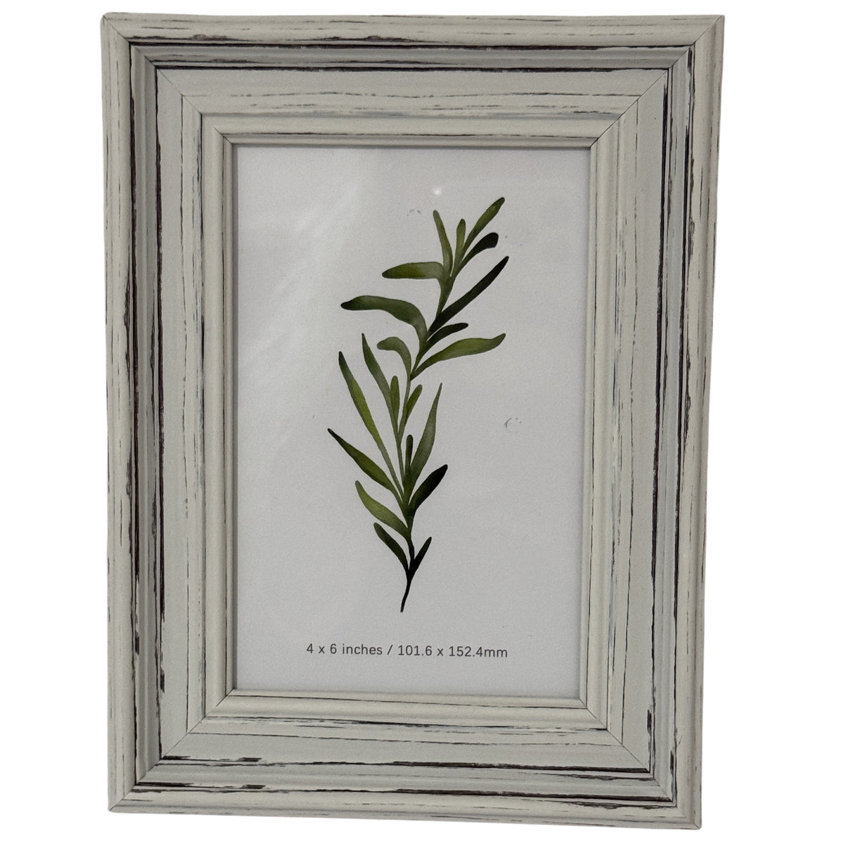 Front view of a pale grey-white portrait frame with stepped moulding, dark rubbed lines and a leafy insert marked 4 × 6 inches.