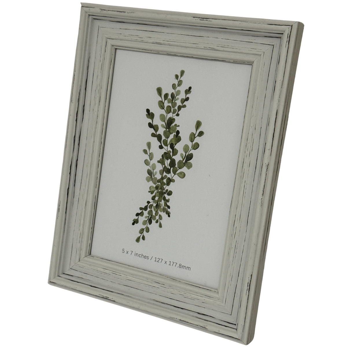 Angled view of the portrait frame showing its stepped pale border, dark rubbed lines and green leafy insert.