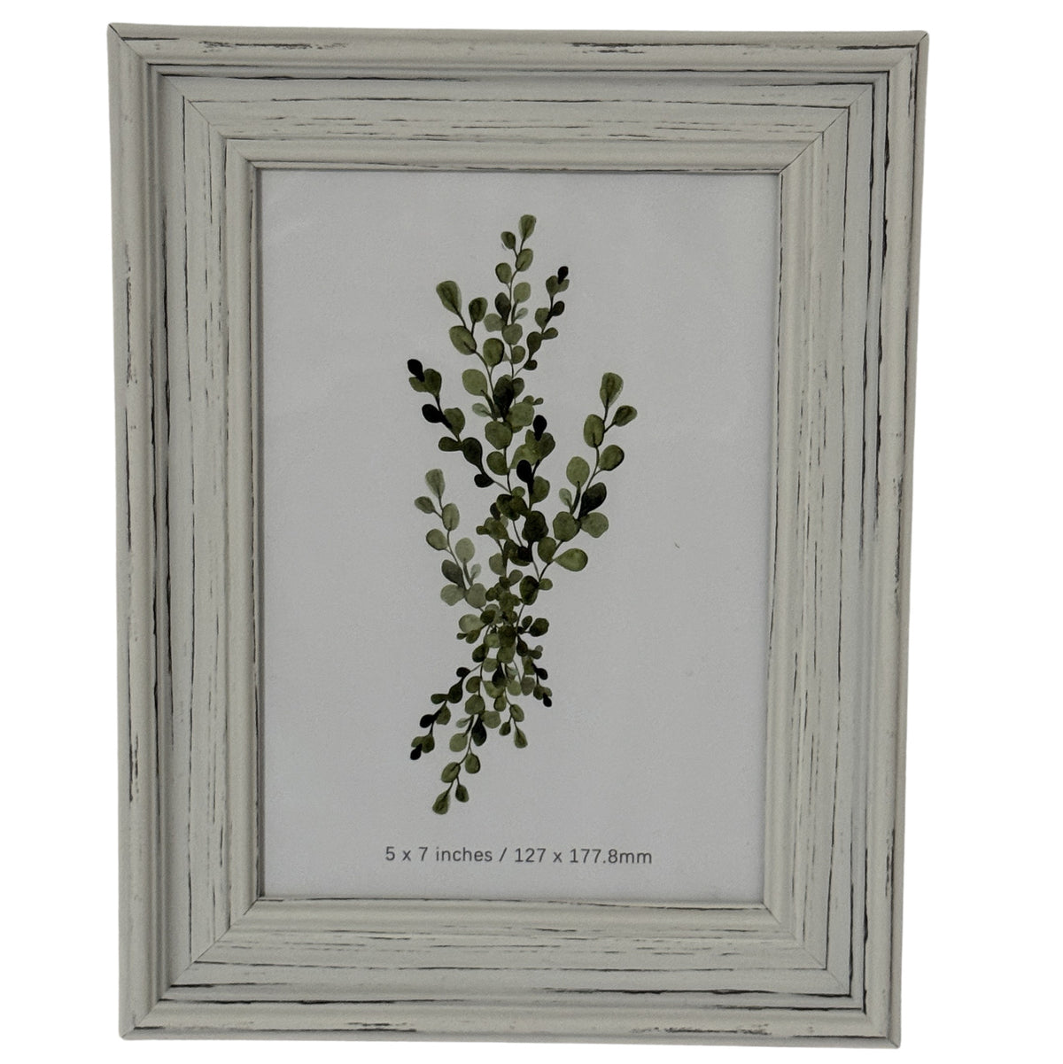 Front view of a pale grey-white layered photo frame with dark rubbed marks and a leafy insert marked 5 × 7 inches.