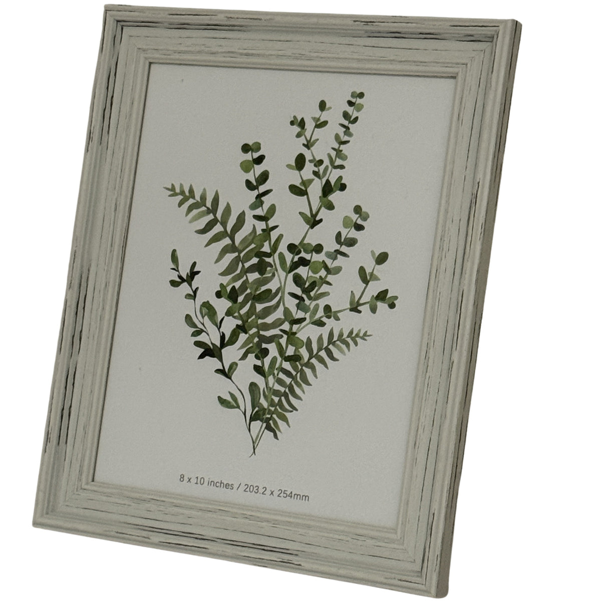 Angled front view of the portrait photo frame, showing its stepped pale border, dark rubbed lines and green botanical insert.