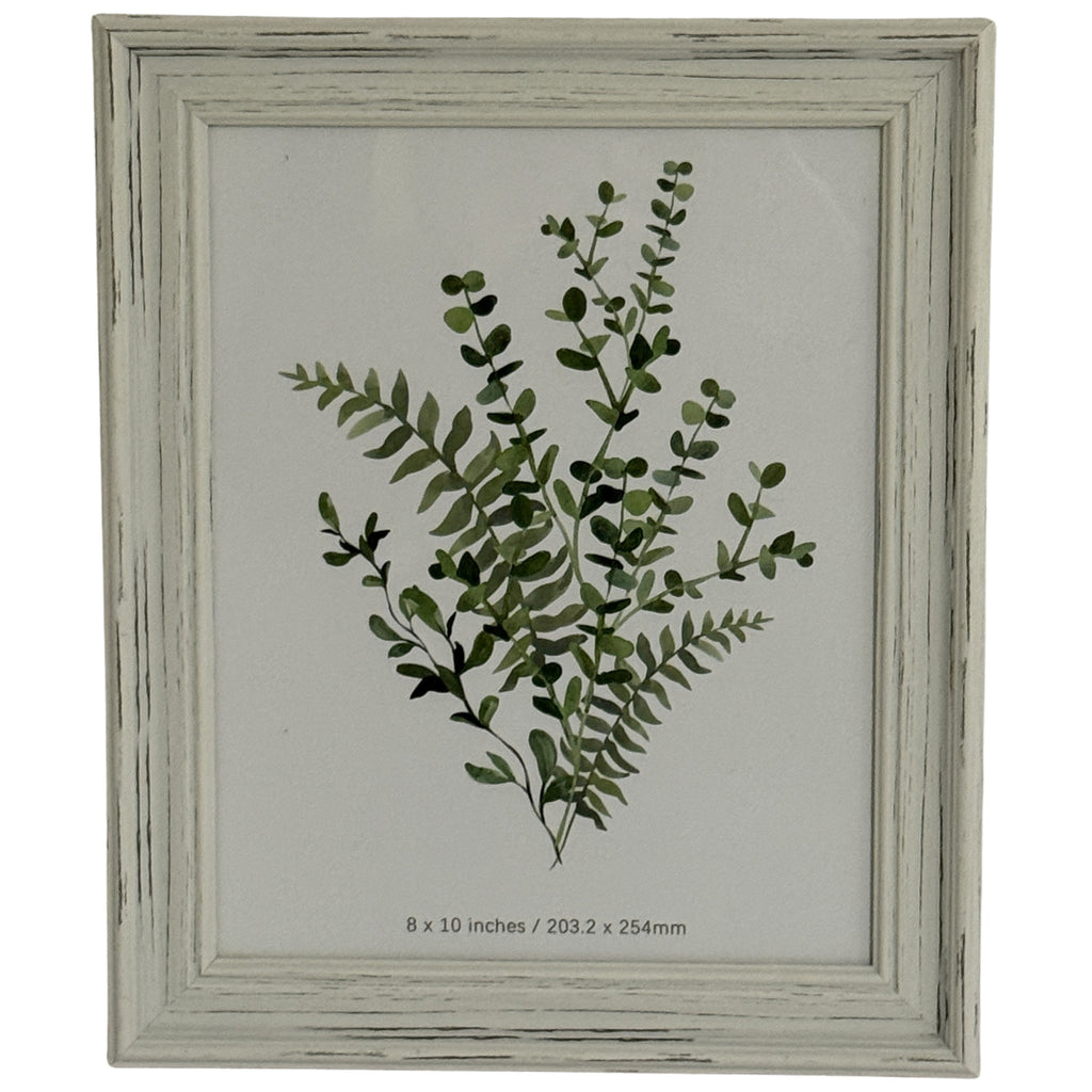 Front view of a pale grey-white portrait photo frame with a layered rubbed border and a green botanical insert marked 8 × 10 inches.