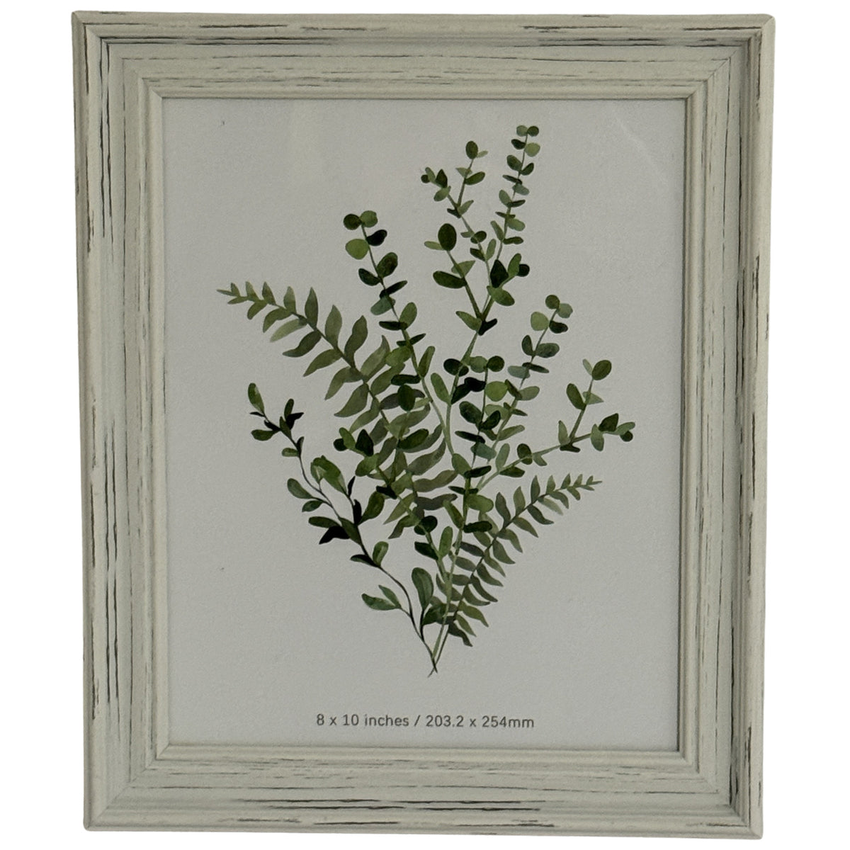 Front view of a pale grey-white portrait photo frame with a layered rubbed border and a green botanical insert marked 8 × 10 inches.