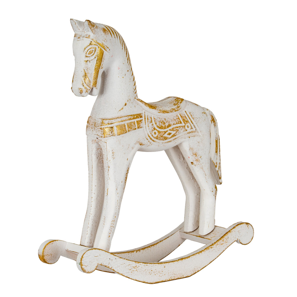 Three-quarter view of a pale white rocking-horse decoration with gold-coloured markings, a patterned saddle and twin curved rails.