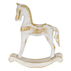 Side view of the rocking-horse decoration showing its striped mane, patterned saddle, long narrow legs and sweeping rails.