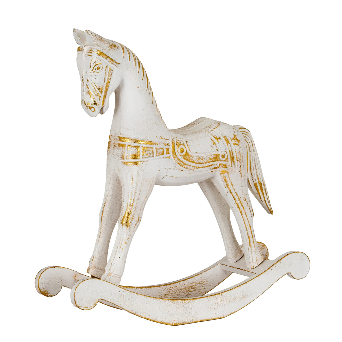 Three-quarter view of a pale white rocking-horse decoration with gold-coloured saddle details and twin curved rails.
