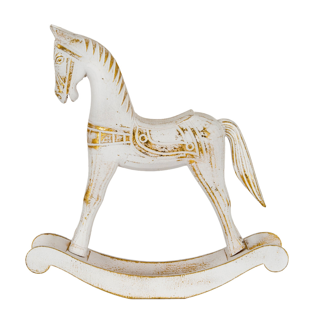 Side view of the rocking-horse figure showing its arched neck, long narrow legs, striped tail and sweeping rails.