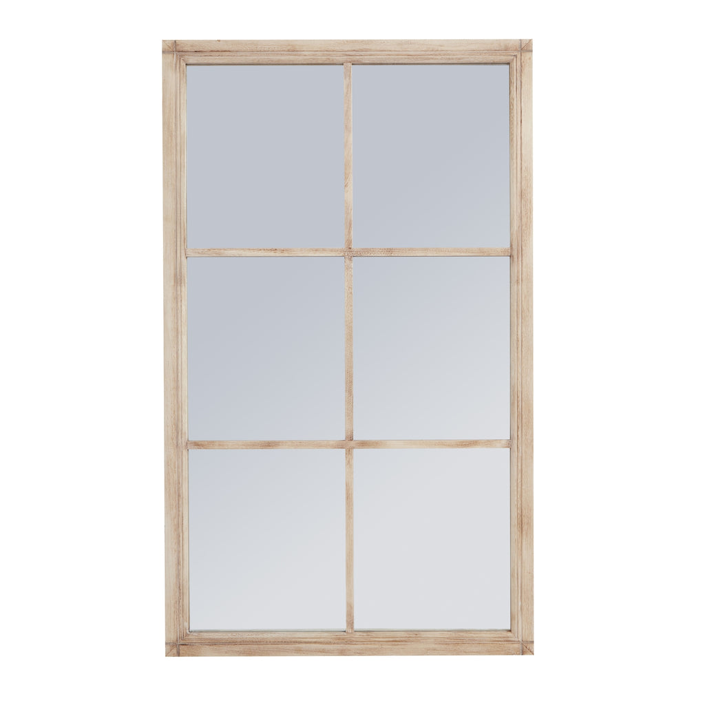 Front view of a tall rectangular mirror with a pale cream-tan frame and crossbars dividing the face into six sections.