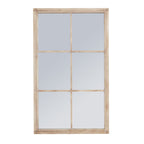 Front view of a tall rectangular mirror with a pale cream-tan frame and crossbars dividing the face into six sections.