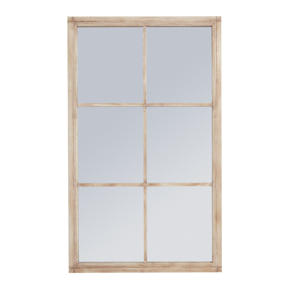 Front view of a tall rectangular mirror with a pale cream-tan frame and crossbars dividing the face into six sections.