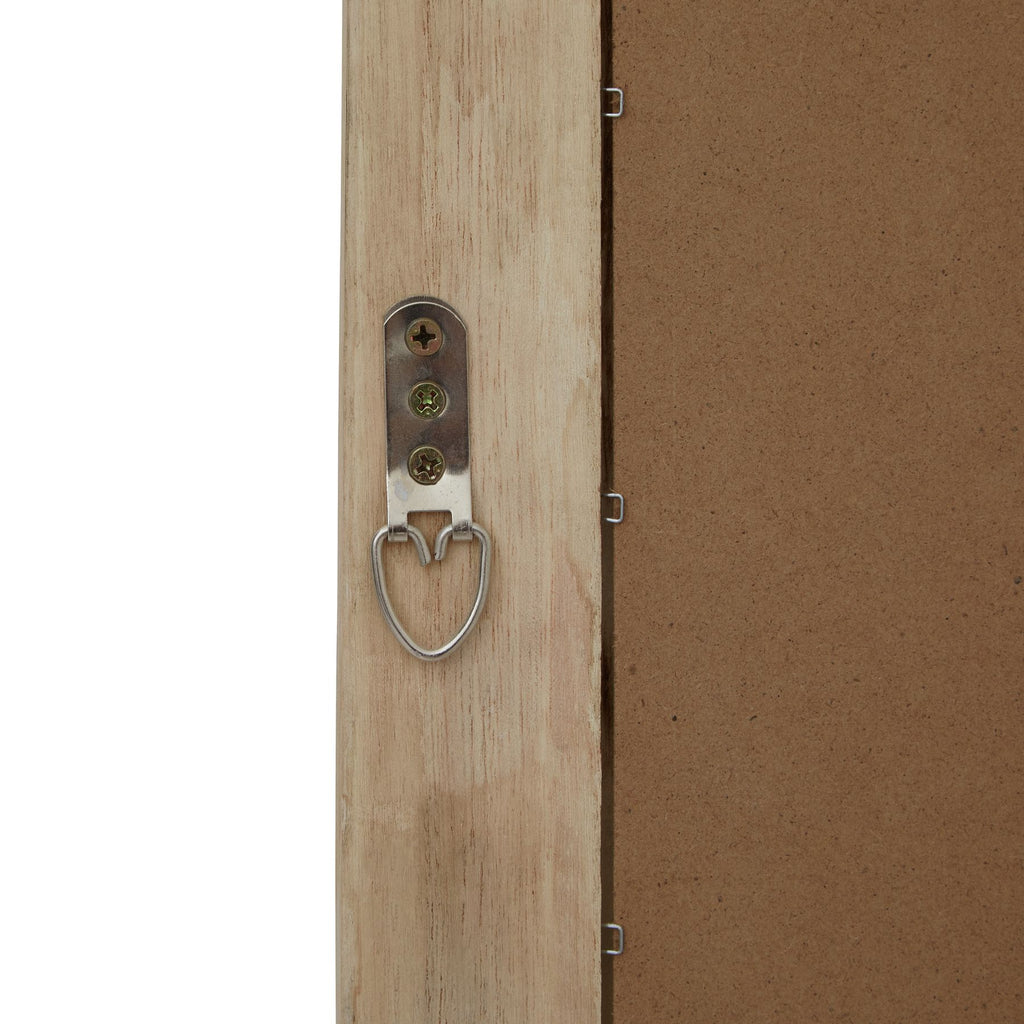Rear detail of the pale mirror frame with a silver-coloured ring and bracket, three screw heads and the brown backing visible alongside.