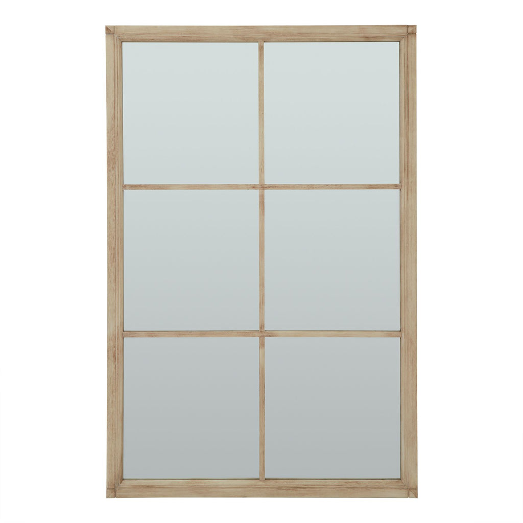 Front view of a tall rectangular wall mirror with a pale tan frame and narrow bars dividing the face into six sections.