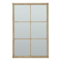 Front view of a tall rectangular wall mirror with a pale tan frame and narrow bars dividing the face into six sections.