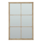 Front view of a tall rectangular wall mirror with a pale tan frame and narrow bars dividing the face into six sections.