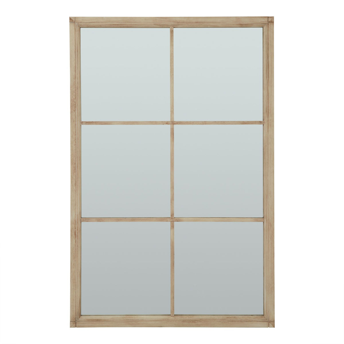 Front view of a tall rectangular wall mirror with a pale tan frame and narrow bars dividing the face into six sections.
