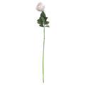 Full view of a pale artificial rose with a long green stem, dark green leaves and an ivory bloom with a softly blushed centre.