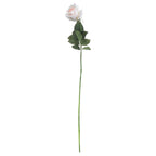 Full view of a pale artificial rose with a long green stem, dark green leaves and an ivory bloom with a softly blushed centre.