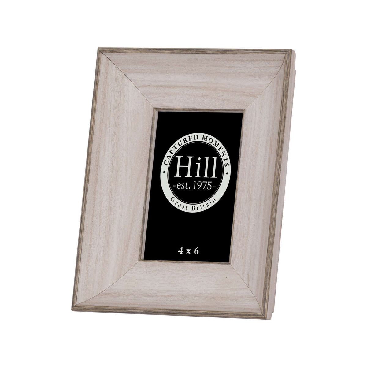 Angled front view of a portrait photo frame with a broad pale wood-effect border, darker stepped edging and a black display insert.
