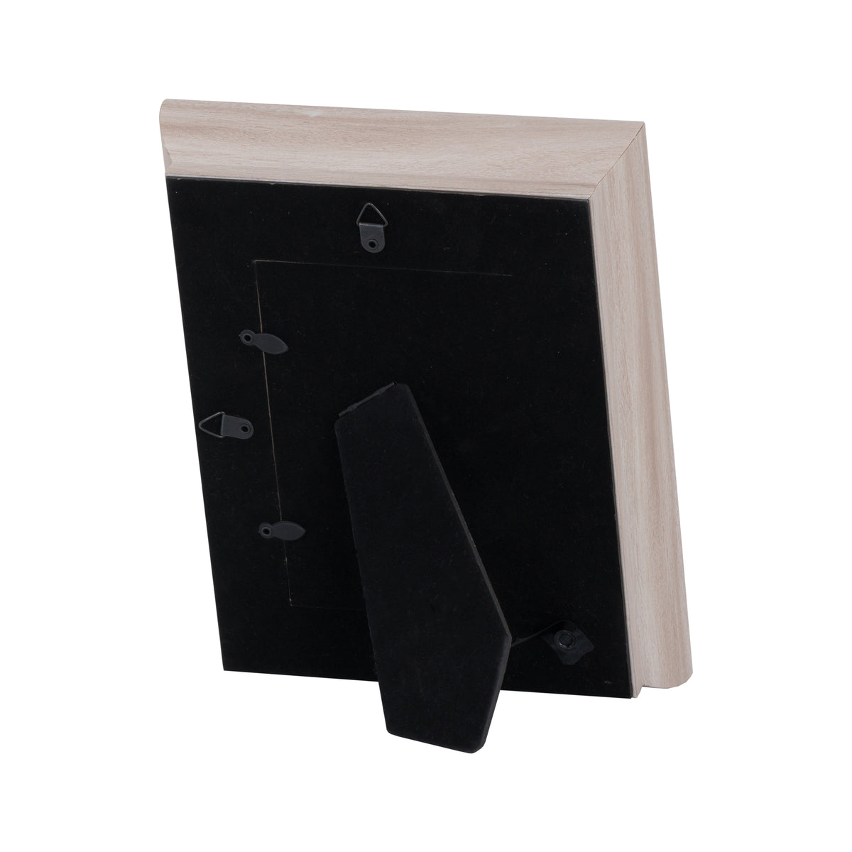 Rear view of the pale photo frame showing its black backing board, two hanging fittings, retaining tabs and extended folding easel stand.