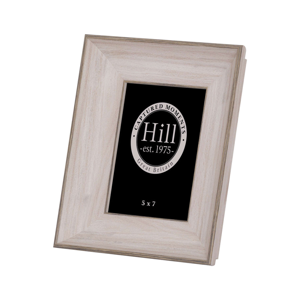 Angled front view of a portrait photo frame with a broad stepped pale white-grey wood-effect border and black display insert.