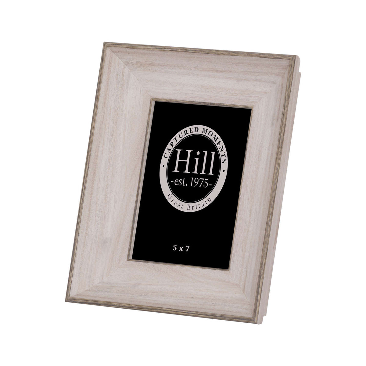 Angled front view of a portrait photo frame with a broad stepped pale white-grey wood-effect border and black display insert.