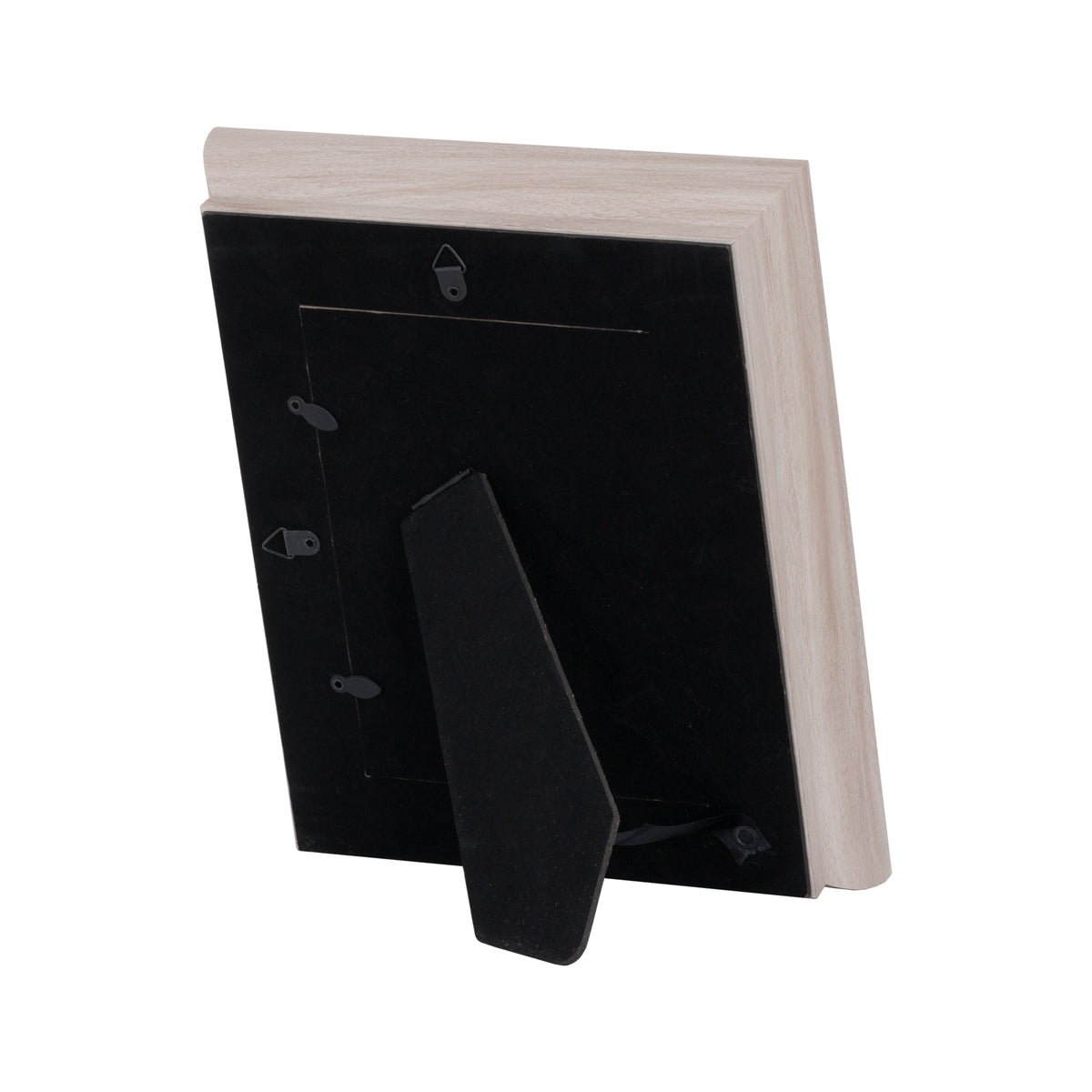 Rear view of the pale photo frame showing black backing, hanging fittings and an extended folding easel stand.