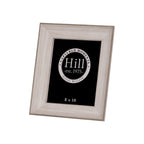 Front angled view of a portrait photo frame with broad pale wood-effect borders, slim darker edging and a black display insert.