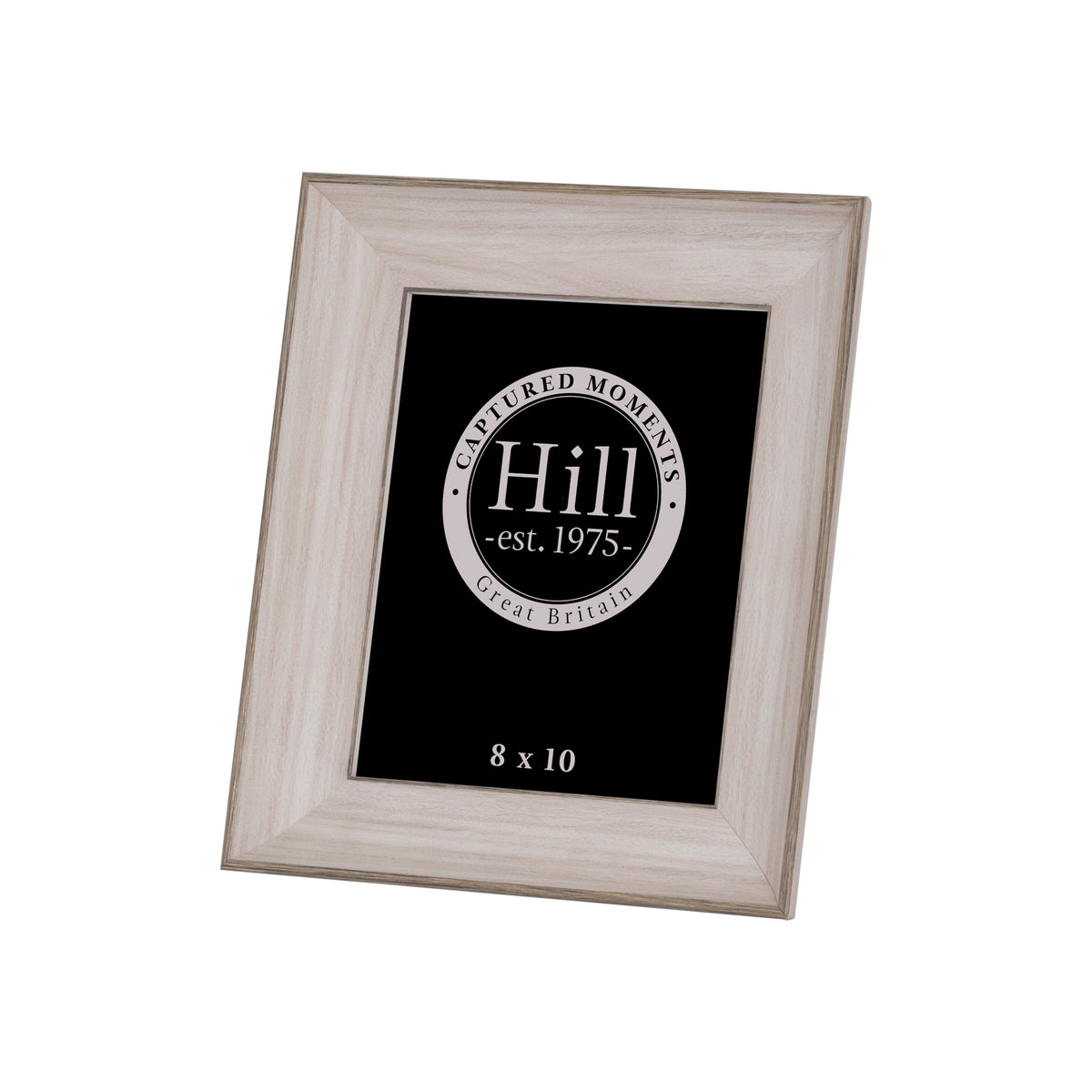 Front angled view of a portrait photo frame with broad pale wood-effect borders, slim darker edging and a black display insert.