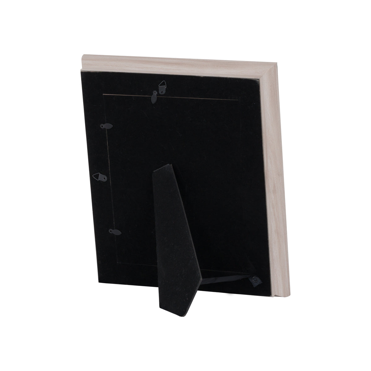 Rear angled view of the pale photo frame showing its black backing, retaining tabs, hanging fittings and extended folding easel stand.