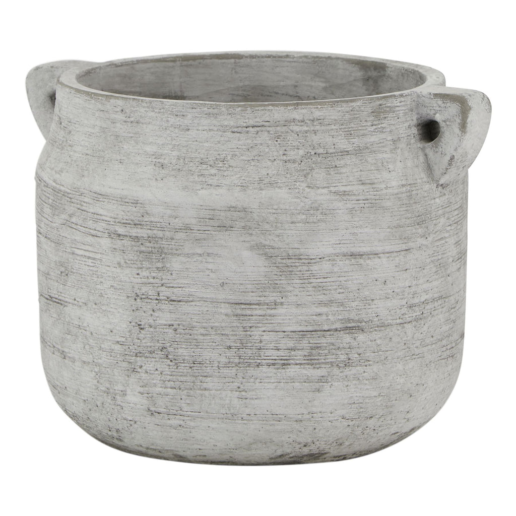 Pale grey-white vase with a broad open mouth, rounded sides and two small loop handles against a white background.