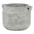 Pale grey-white vase with a broad open mouth, rounded sides and two small loop handles against a white background.