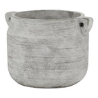 Pale grey-white vase with a broad open mouth, rounded sides and two small loop handles against a white background.
