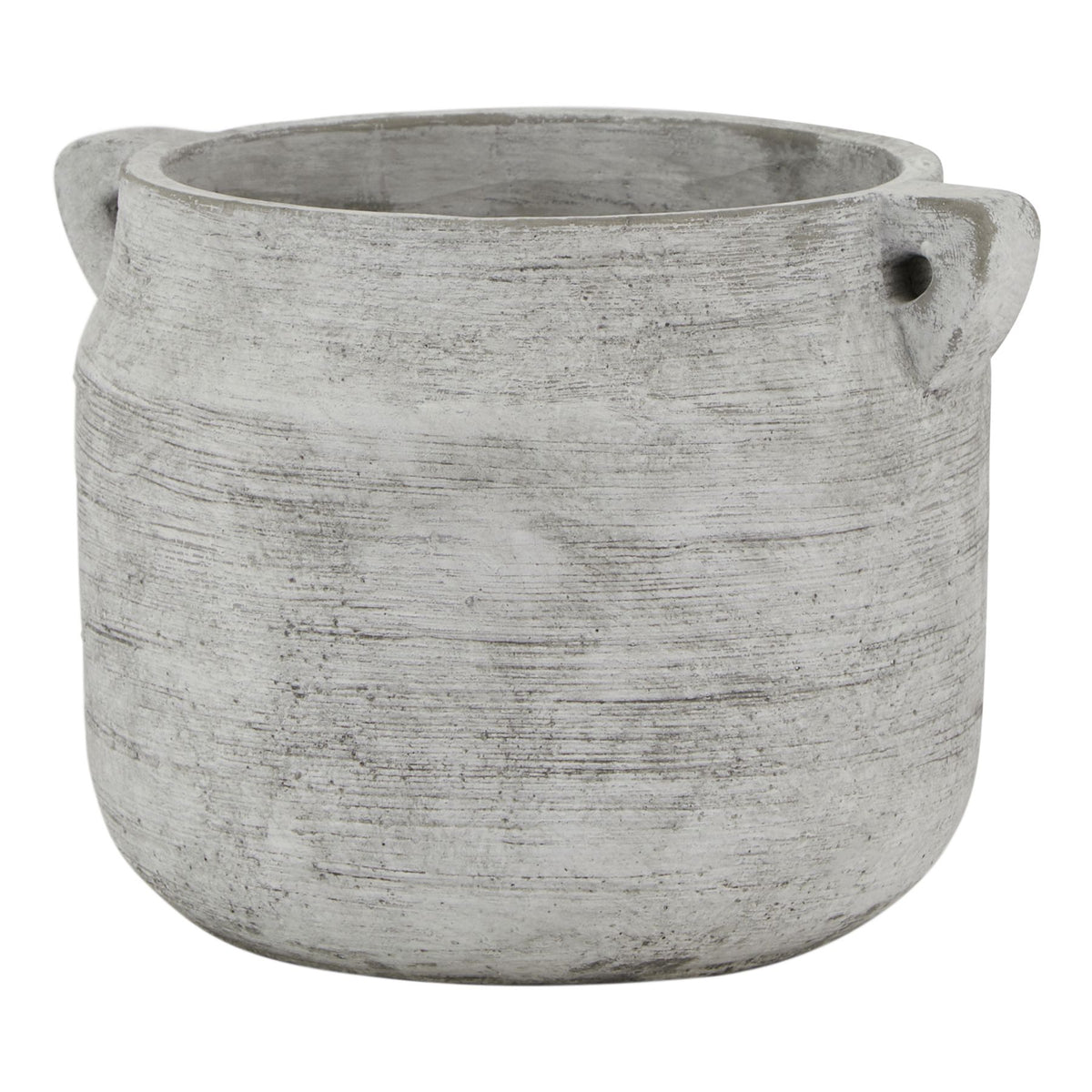 Pale grey-white vase with a broad open mouth, rounded sides and two small loop handles against a white background.