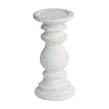 Pale cream-grey candle holder with a shallow round tray, ringed stem, rounded middle and stepped circular foot on a white background.
