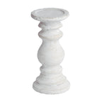 Pale cream-grey candle holder with a shallow round tray, ringed stem, rounded middle and stepped circular foot on a white background.