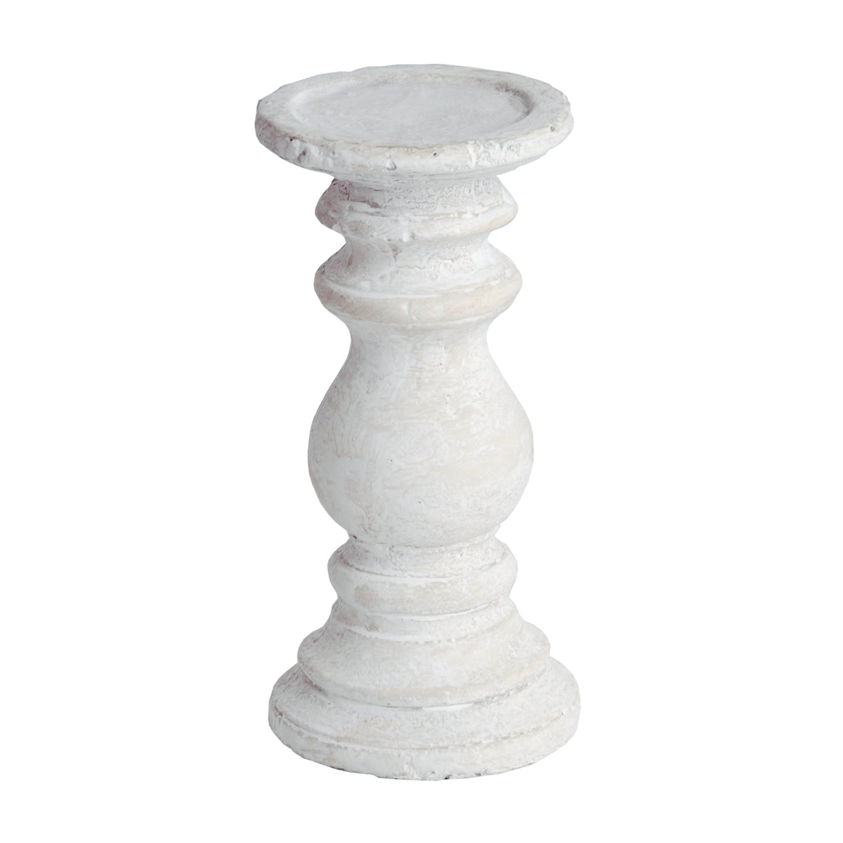 Pale cream-grey candle holder with a shallow round tray, ringed stem, rounded middle and stepped circular foot on a white background.