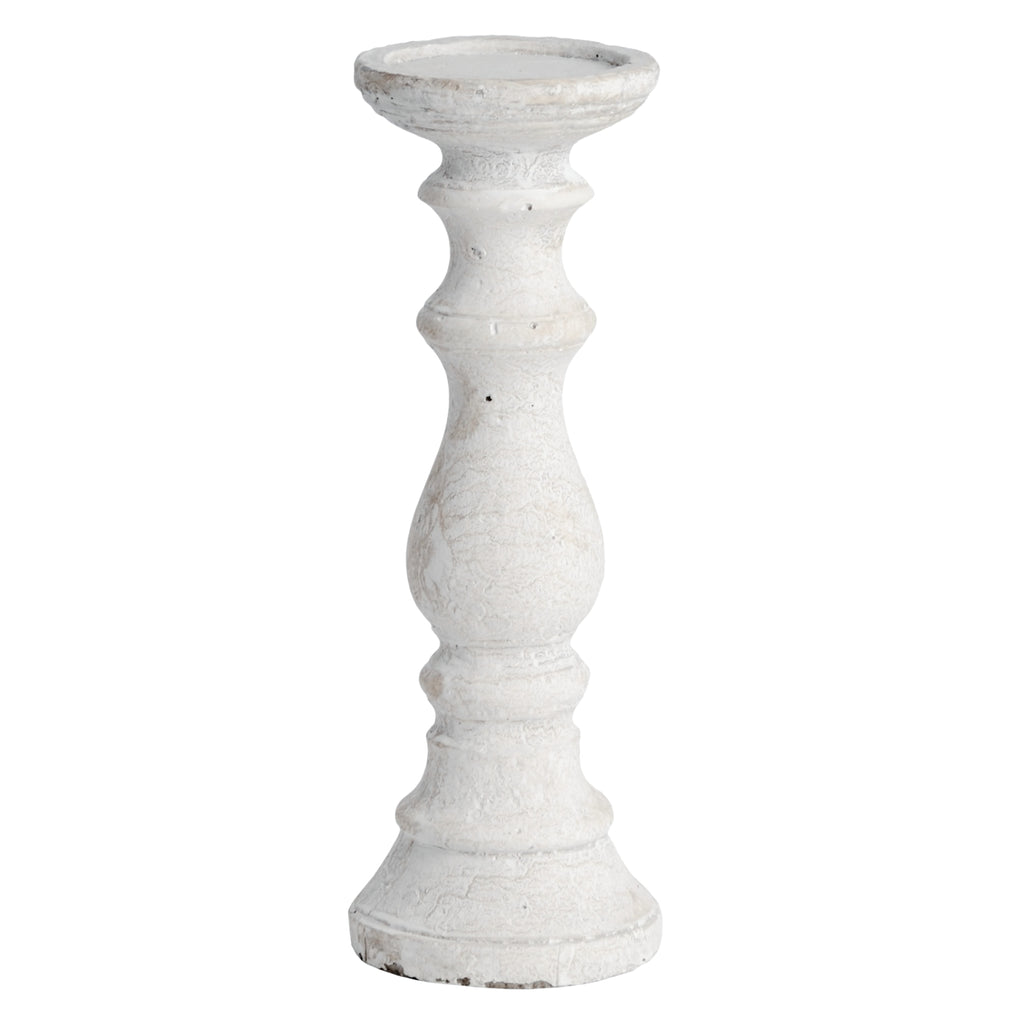 Pale cream-grey candle holder with a shallow round tray, ringed stem, rounded lower curve and flared circular foot against white.