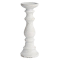 Pale cream-grey candle holder with a shallow round tray, ringed stem, rounded lower curve and flared circular foot against white.